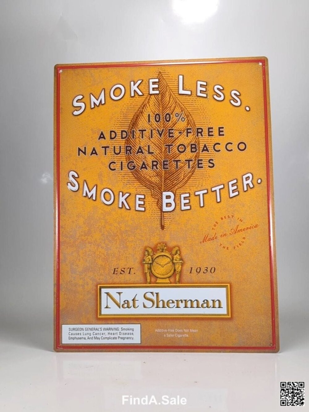 Nat Sherman Vintage Metal Advertising Sign, Smoke Less Cigarettes, smoke 1930s